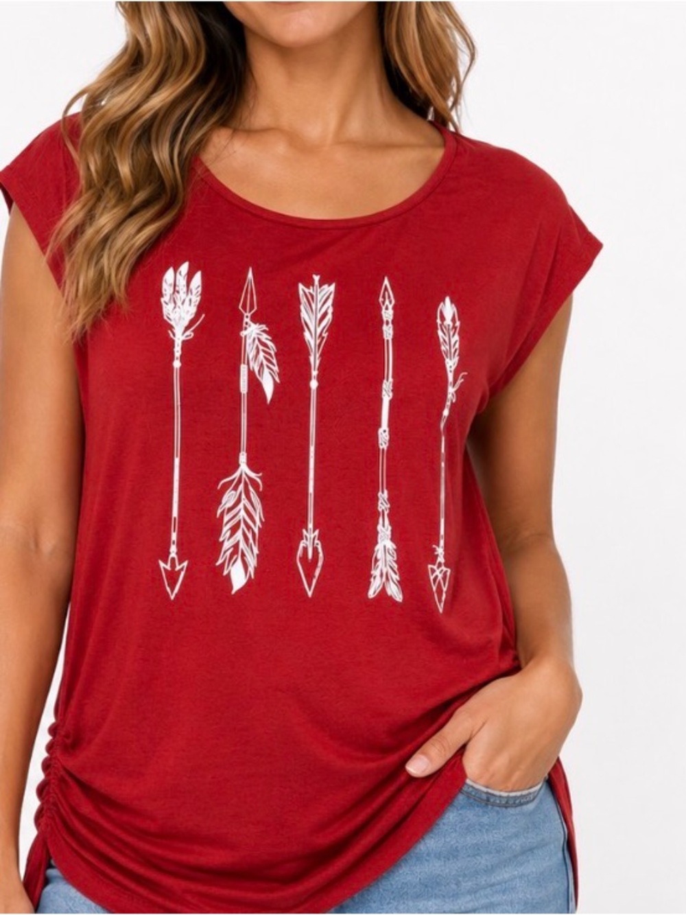 Lavish Women's rustic Red Arrow Graphic Short Sleeve Top Boho Western SZ LG